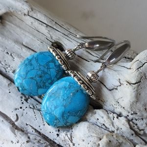 Silver Earrings Blue Ocean Jasper Stone Hypoallergenic Stainles Hooks